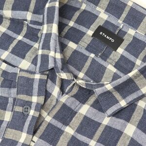 STAMPD Shirt Men's Large Blue White Plaid Hidden Button Long Sleeve Overshirt